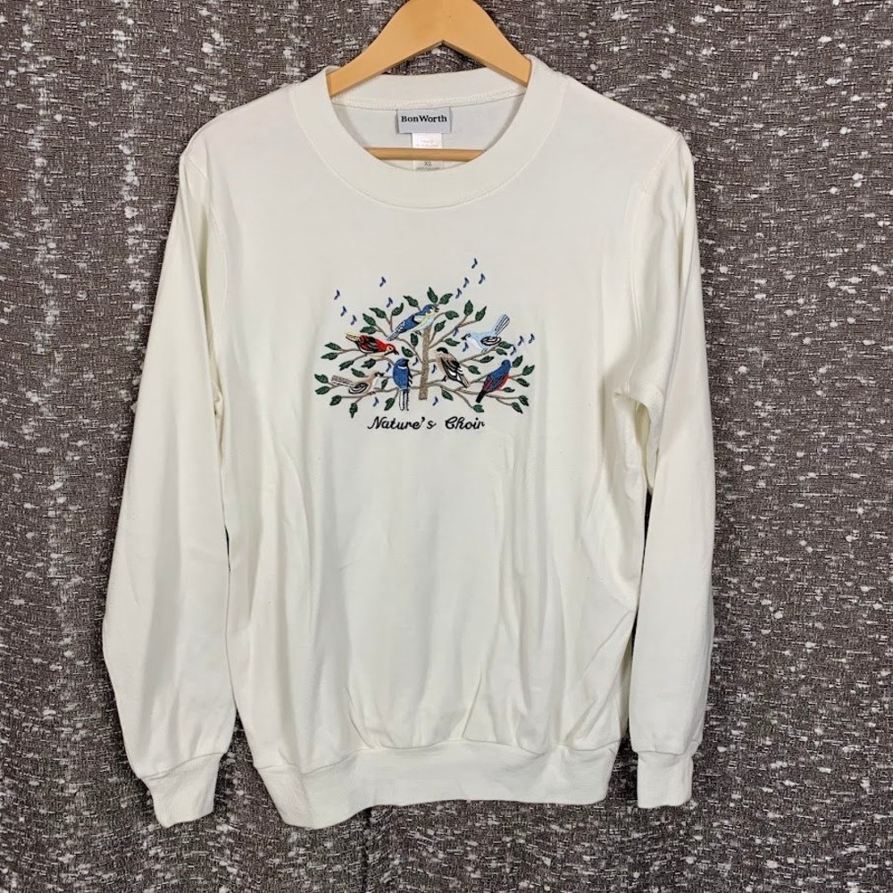 BonWorth Natures Choir Bird Embroidered Long Sleeve Pullover Women's XS